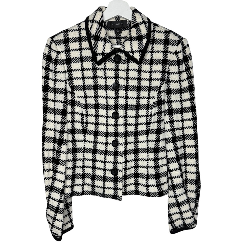 ST. JOHN Black & Off-White Plaid Knit Button‎ Jacket Size 6